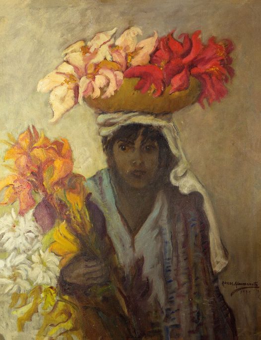 Renée Navarrete Risco (1906-1999) pintora peruana. “Vendedor de flores”. Retrato.